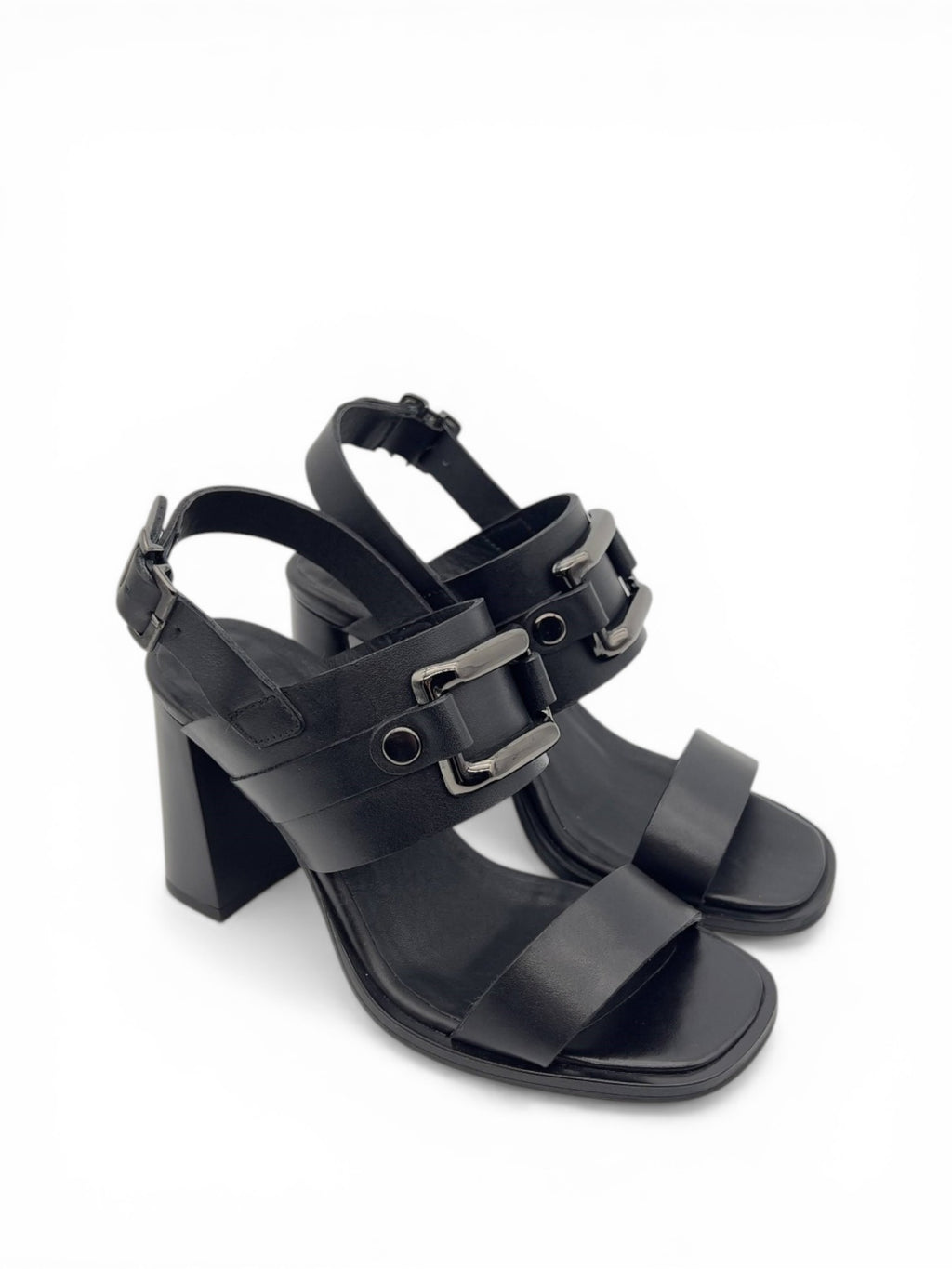 Siyah Hakiki Deri Metal Tokalı Modern Edgy Tasarım Yüksek Topuklu Kadın Sandalet (012351-U)