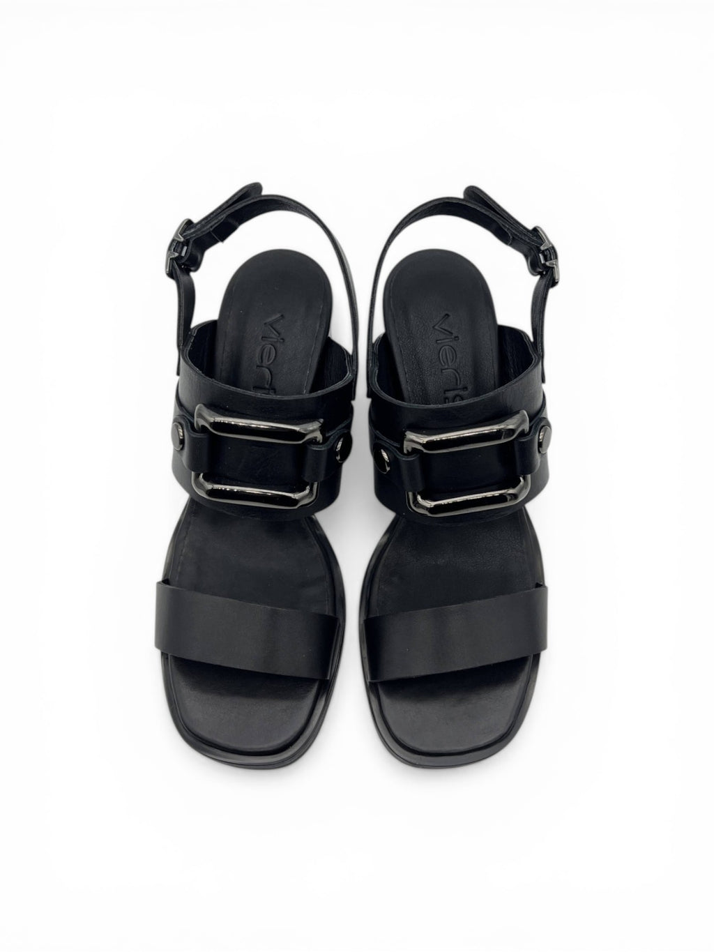 Siyah Hakiki Deri Metal Tokalı Modern Edgy Tasarım Yüksek Topuklu Kadın Sandalet (012351-U)