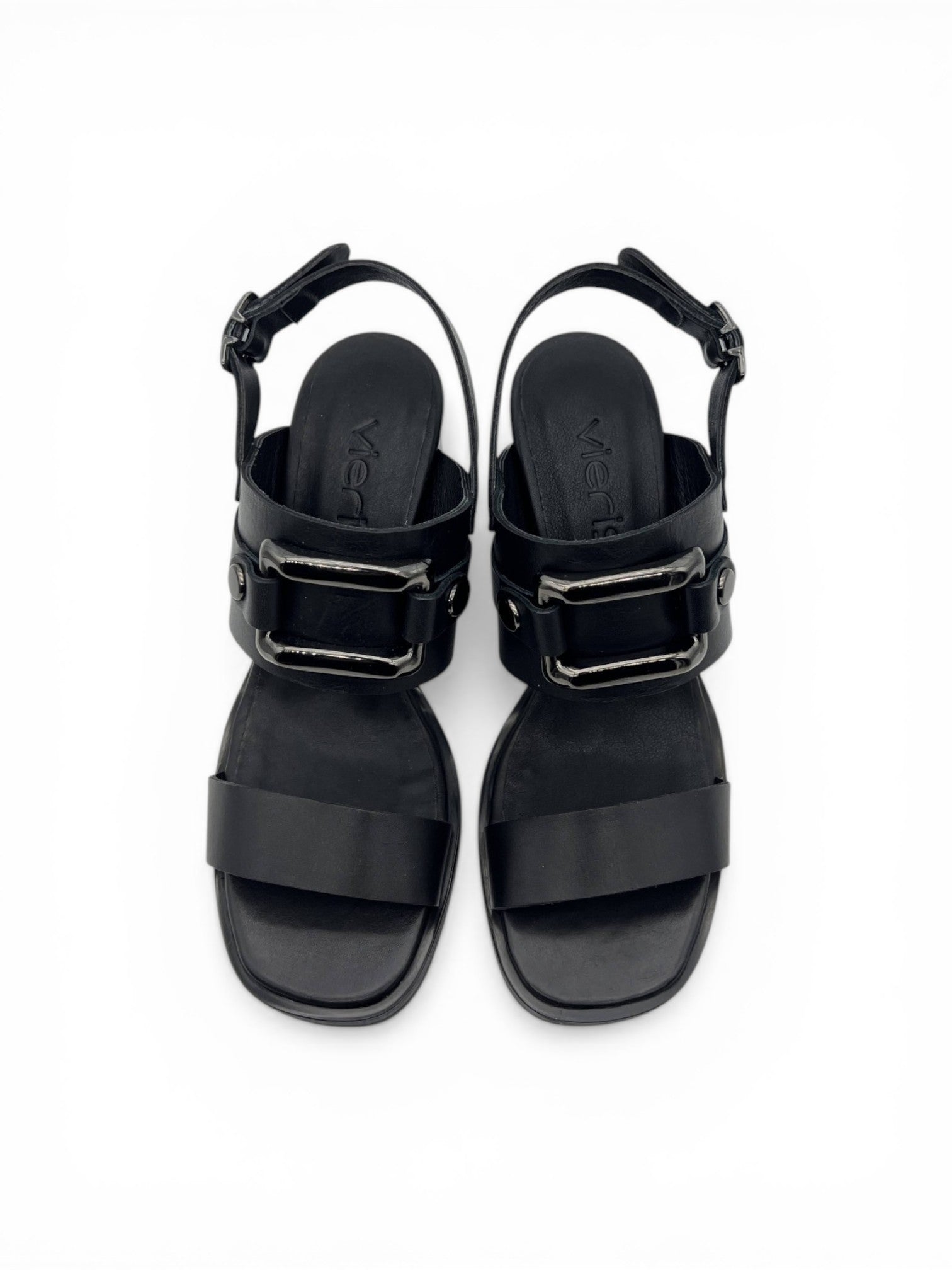 Siyah Hakiki Deri Metal Tokalı Modern Edgy Tasarım Yüksek Topuklu Kadın Sandalet (012351-U)