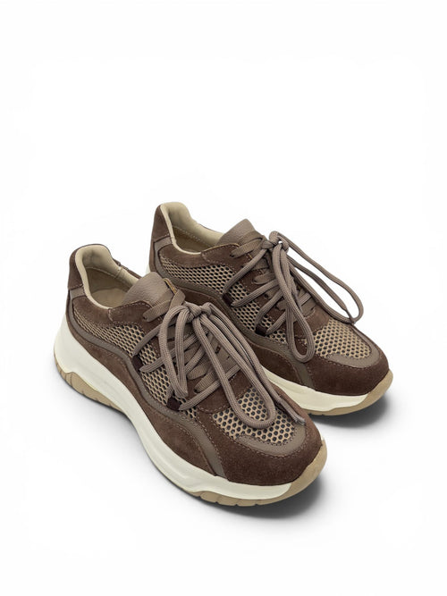 Acı Kahve Süet Hakiki Deri File Tasarımlı Hafif ve Kalın Tabanlı Günlük Kadın Sneaker (11200)