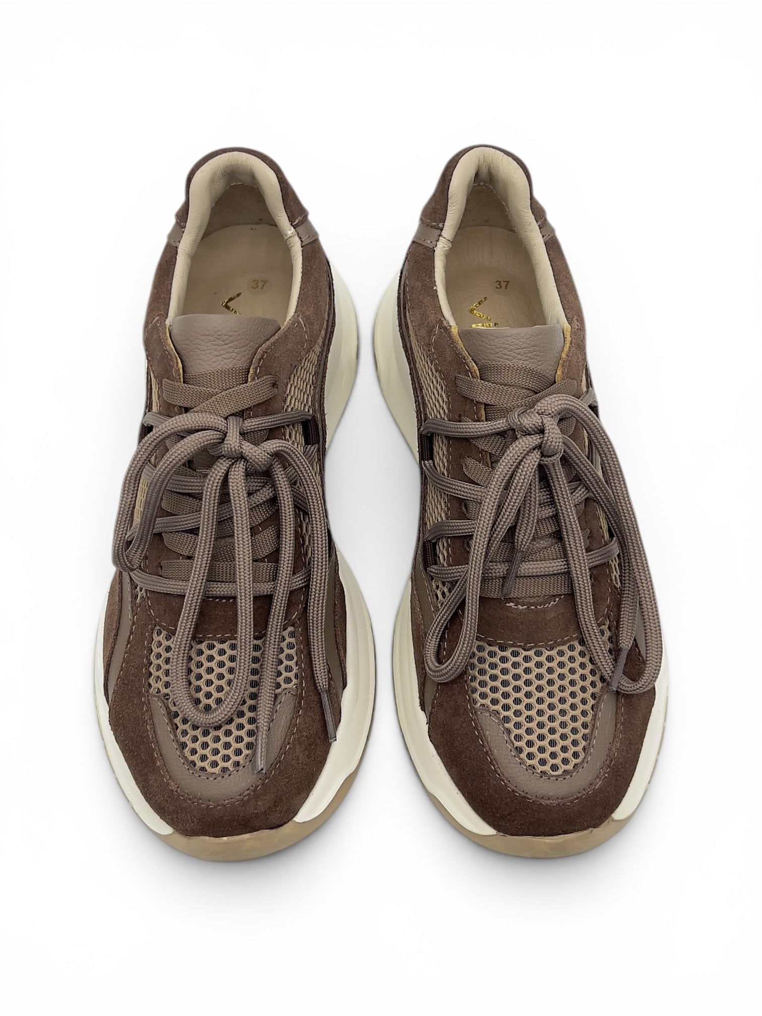 Acı Kahve Süet Hakiki Deri File Tasarımlı Hafif ve Kalın Tabanlı Günlük Kadın Sneaker (11200)