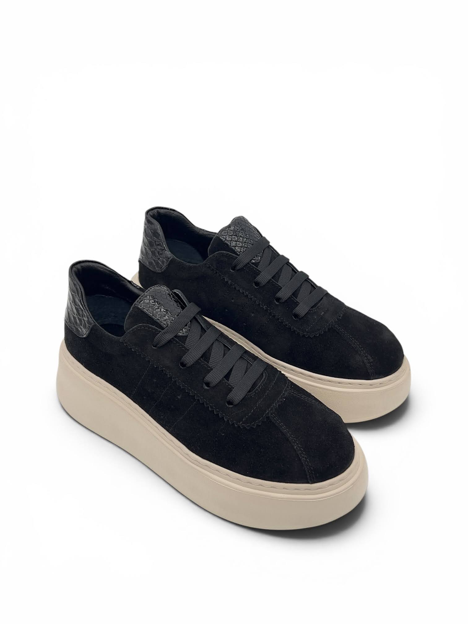 Siyah Süet Hakiki Deri Kroko Detaylı Kalın Taban Kadın Sneaker (2550)