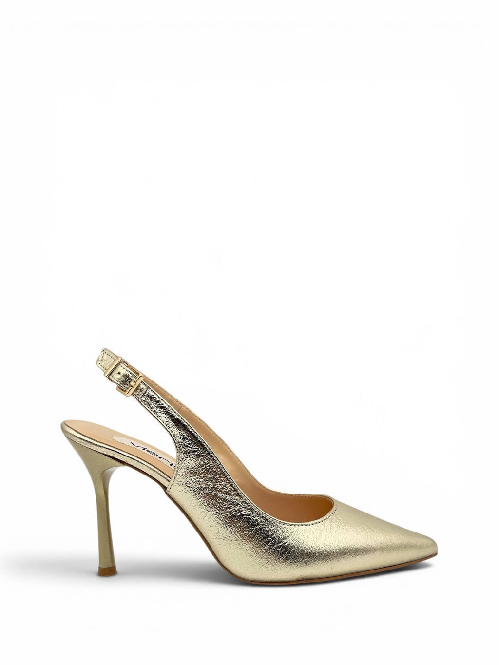 Altın Metalik Hakiki Deri Toka Detaylı Sivri Burun Slingback Kadın Stiletto (34201)