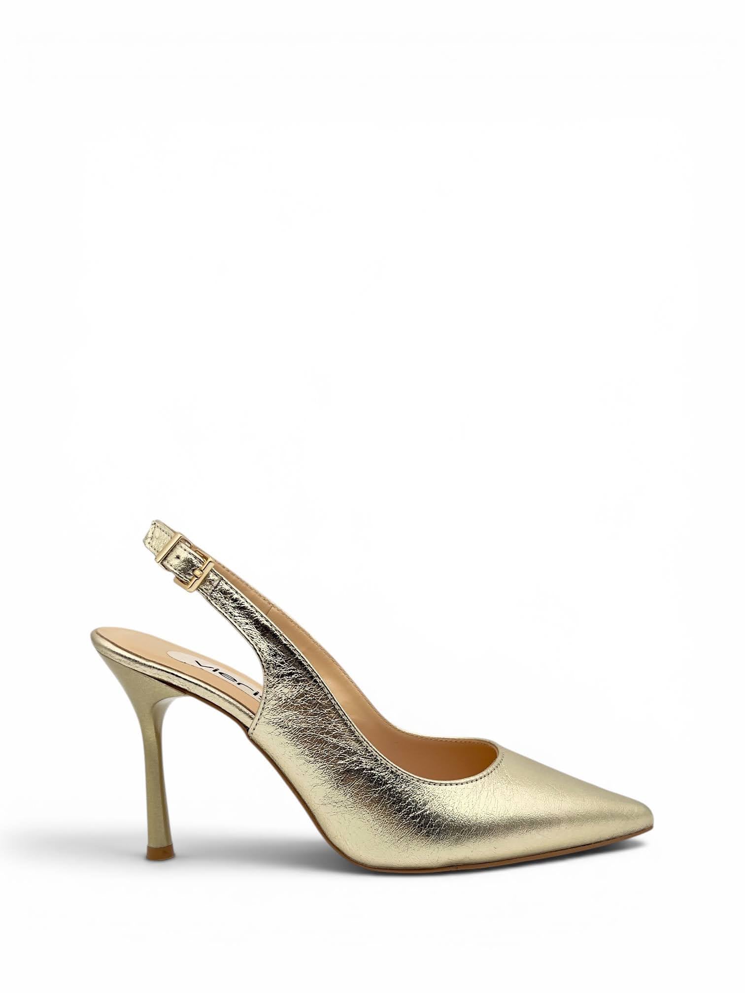 Altın Metalik Hakiki Deri Toka Detaylı Sivri Burun Slingback Kadın Stiletto (34201)