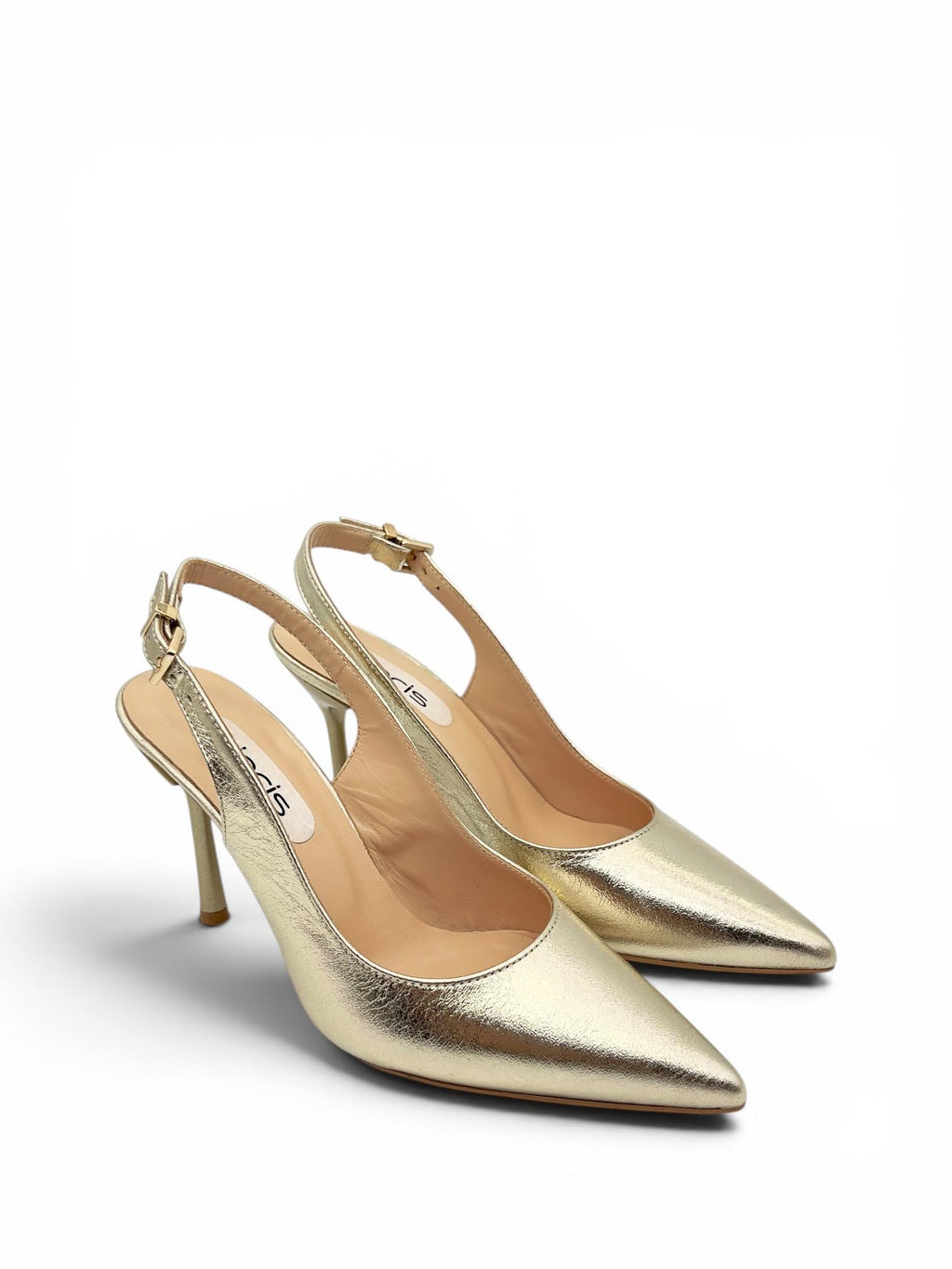 Altın Metalik Hakiki Deri Toka Detaylı Sivri Burun Slingback Kadın Stiletto (34201)