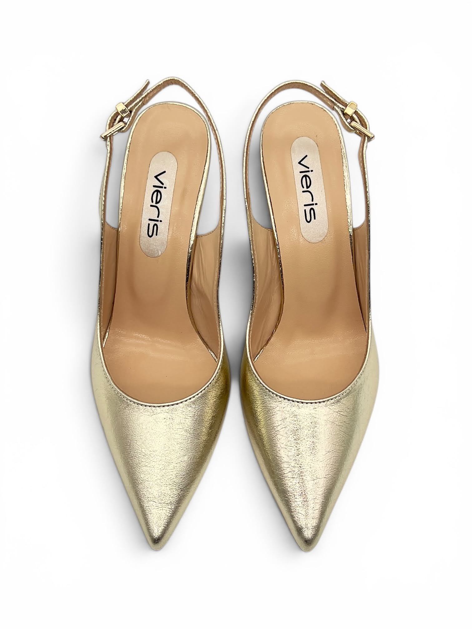 Altın Metalik Hakiki Deri Toka Detaylı Sivri Burun Slingback Kadın Stiletto (34201)