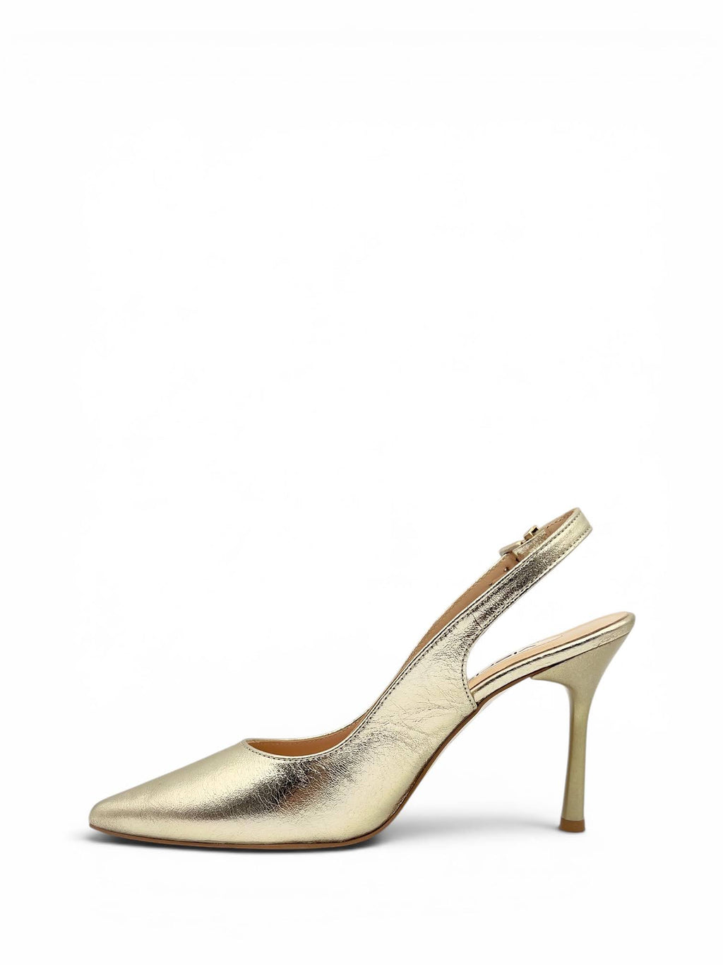 Altın Metalik Hakiki Deri Toka Detaylı Sivri Burun Slingback Kadın Stiletto (34201)