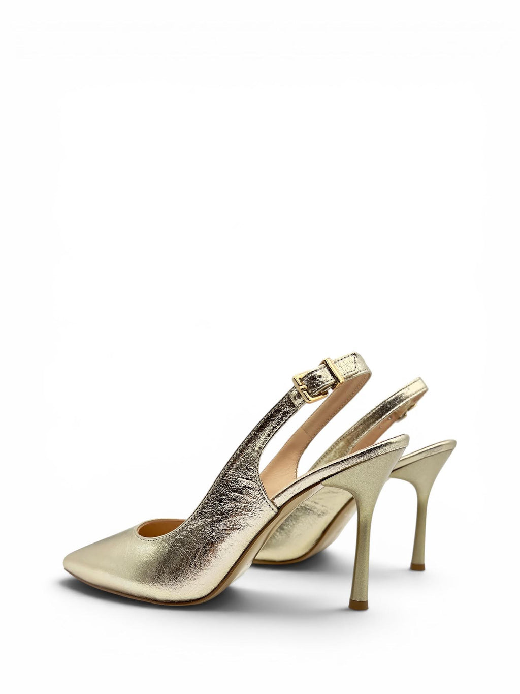 Altın Metalik Hakiki Deri Toka Detaylı Sivri Burun Slingback Kadın Stiletto (34201)