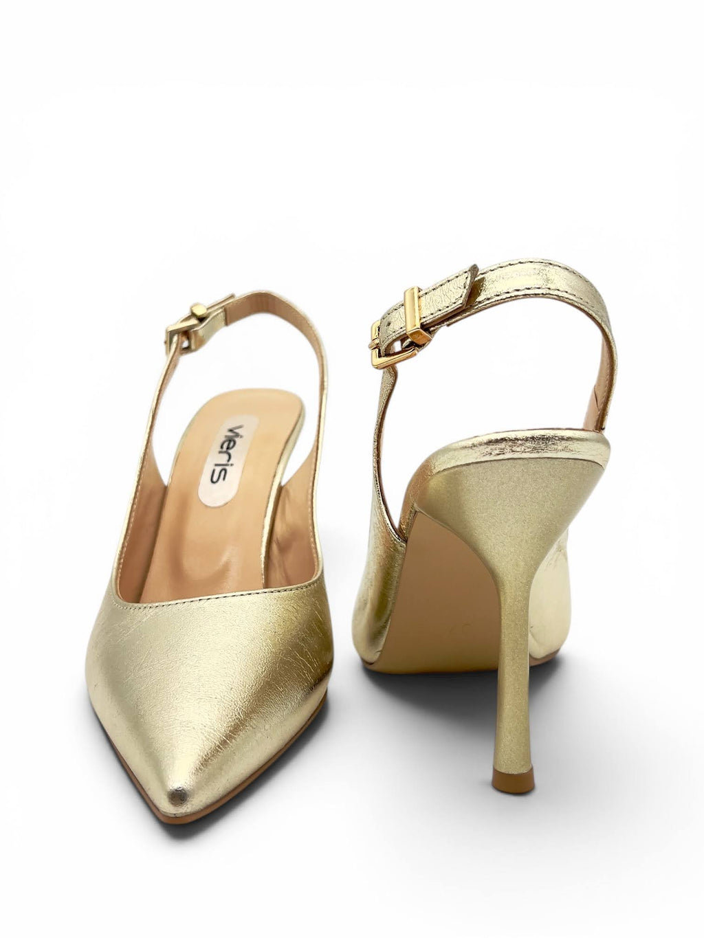 Altın Metalik Hakiki Deri Toka Detaylı Sivri Burun Slingback Kadın Stiletto (34201)