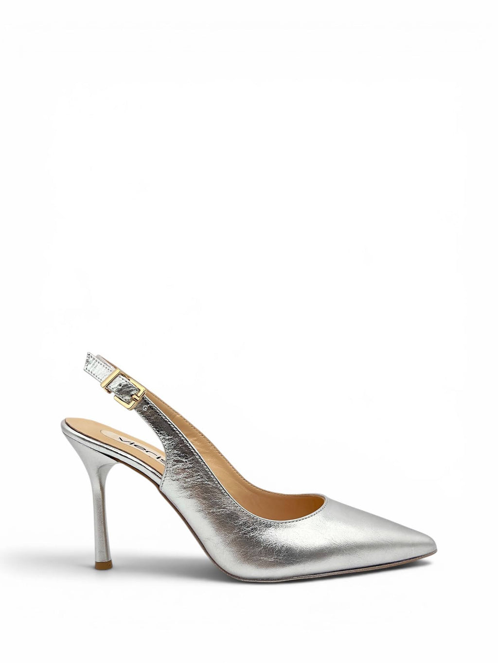 Gümüş Metalik Hakiki Deri Toka Detaylı Sivri Burun Slingback Kadın Stiletto (34201)