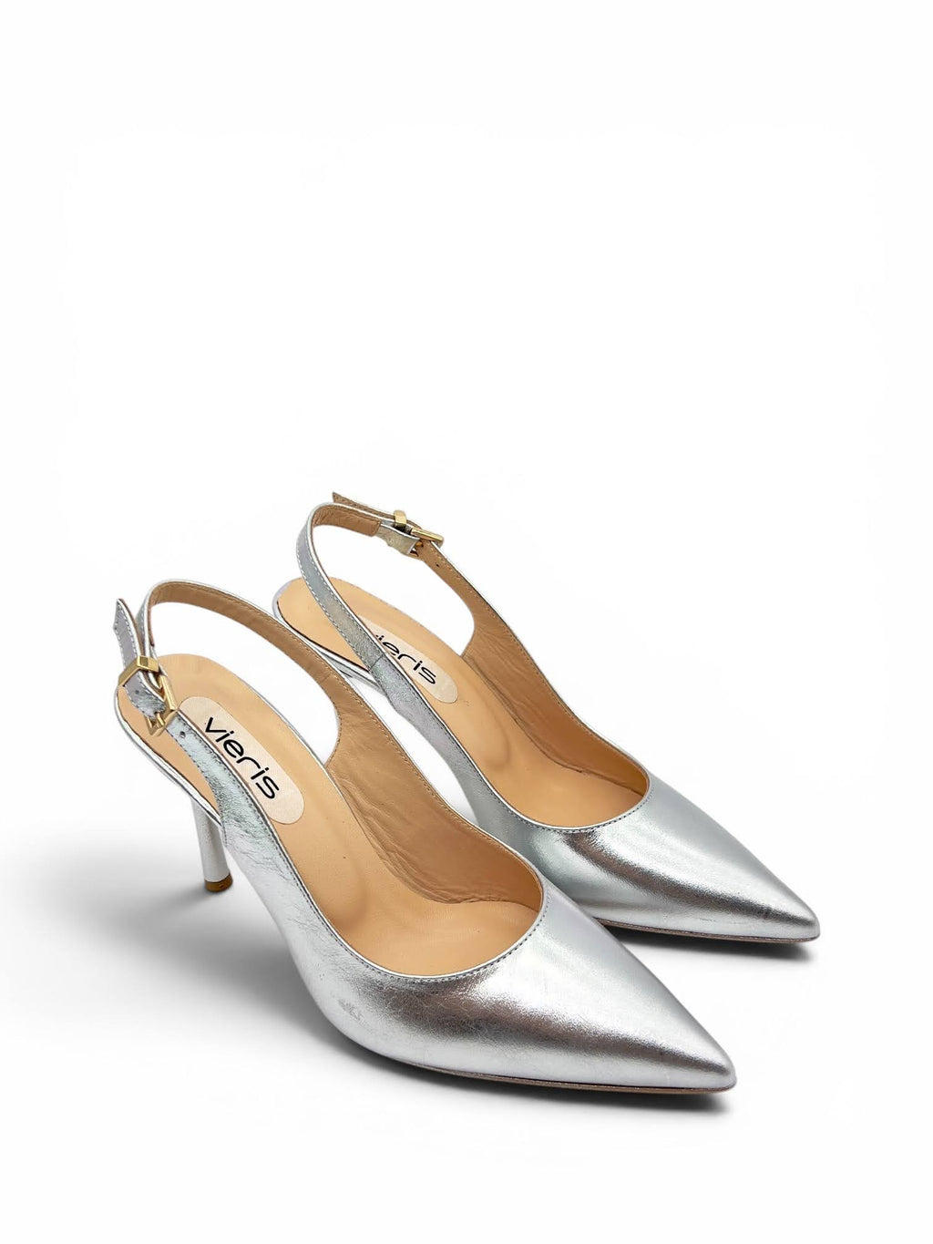 Gümüş Metalik Hakiki Deri Toka Detaylı Sivri Burun Slingback Kadın Stiletto (34201)