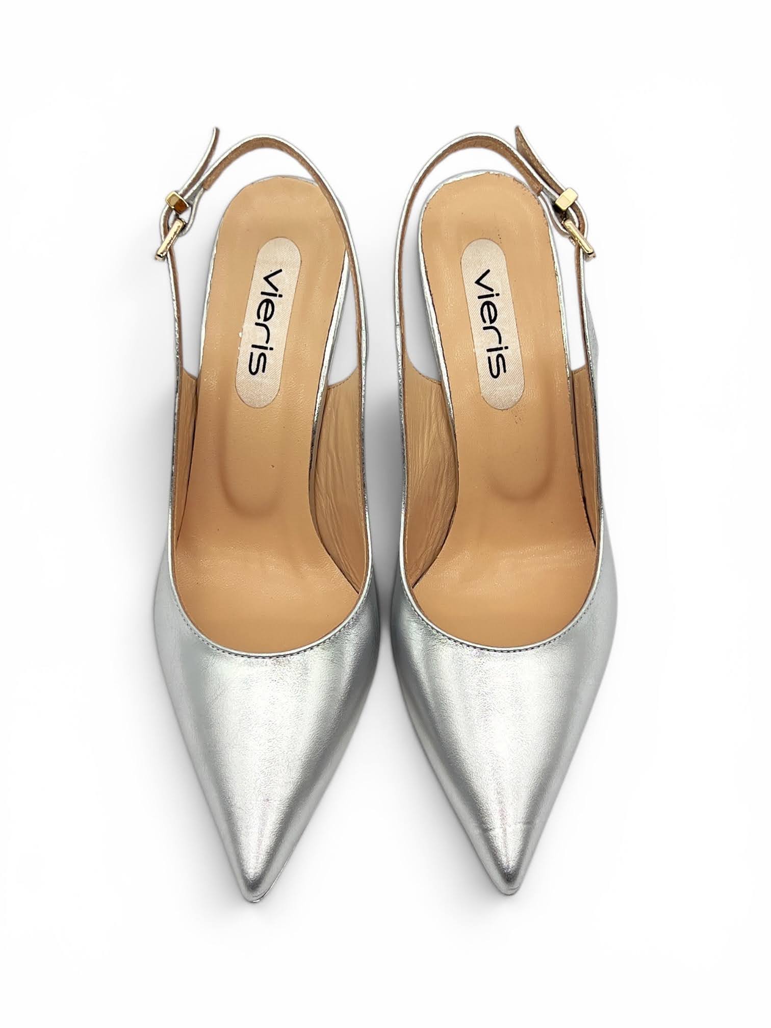 Gümüş Metalik Hakiki Deri Toka Detaylı Sivri Burun Slingback Kadın Stiletto (34201)