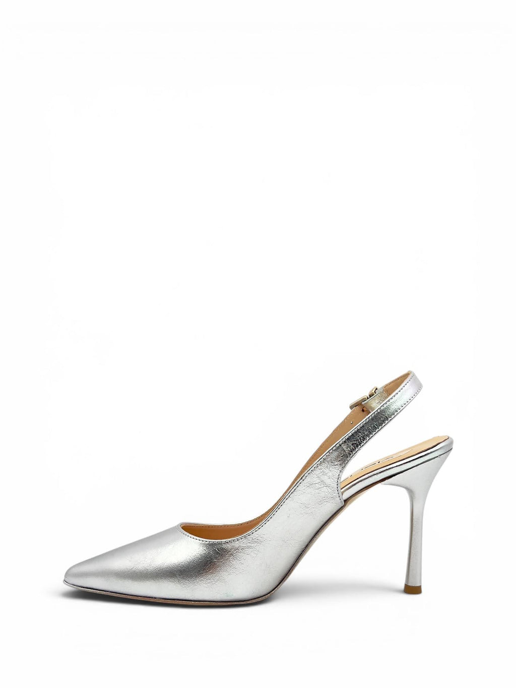 Gümüş Metalik Hakiki Deri Toka Detaylı Sivri Burun Slingback Kadın Stiletto (34201)