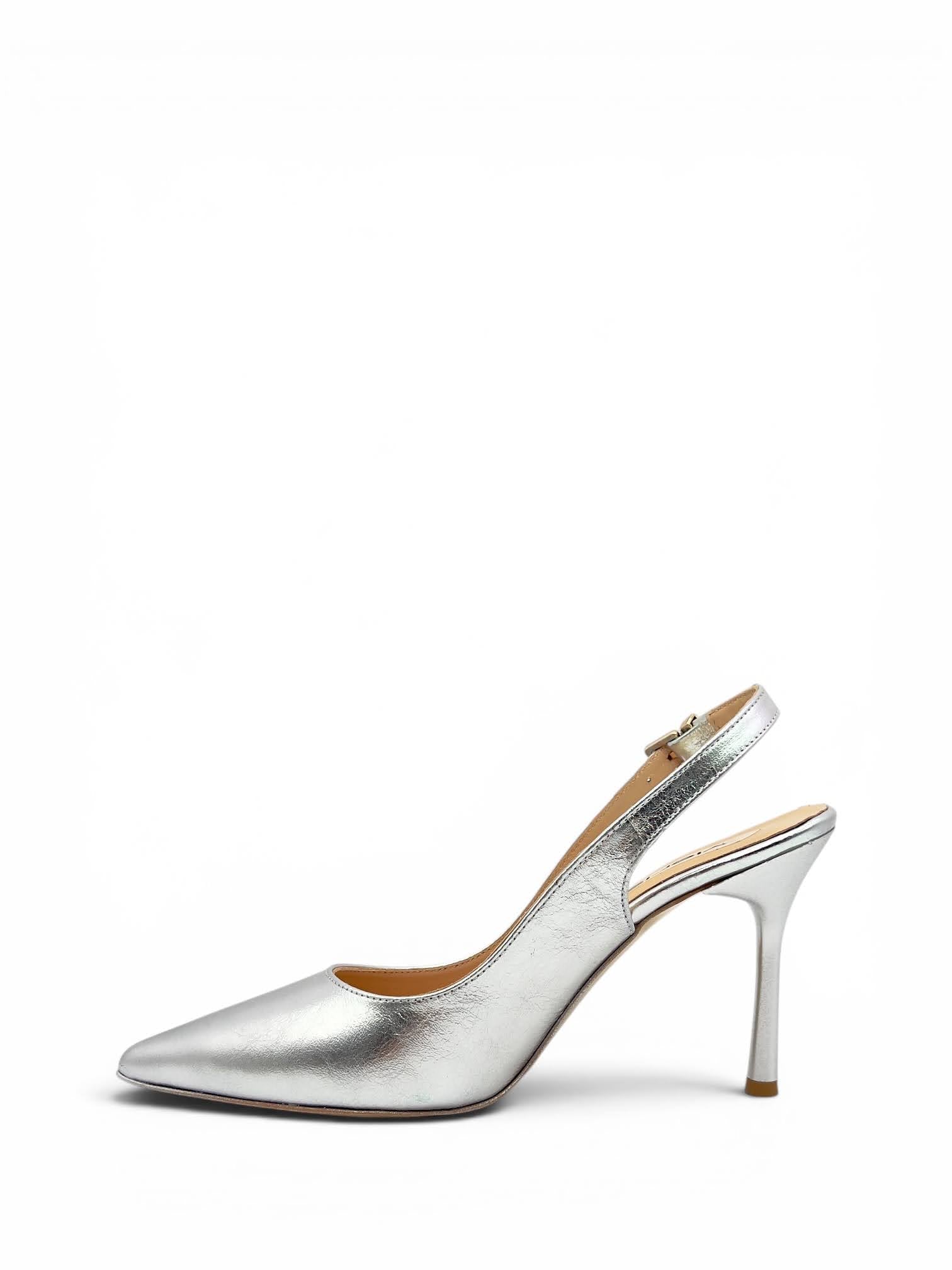 Gümüş Metalik Hakiki Deri Toka Detaylı Sivri Burun Slingback Kadın Stiletto (34201)