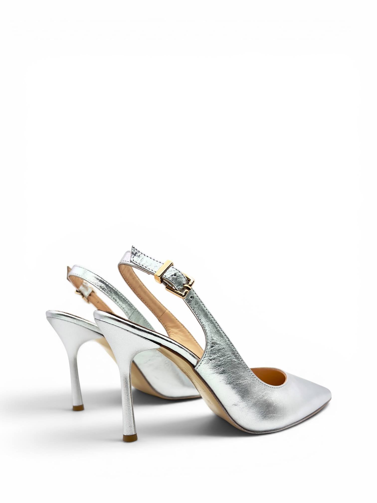 Gümüş Metalik Hakiki Deri Toka Detaylı Sivri Burun Slingback Kadın Stiletto (34201)