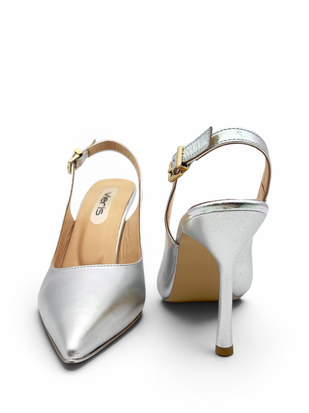 Gümüş Metalik Hakiki Deri Toka Detaylı Sivri Burun Slingback Kadın Stiletto (34201)