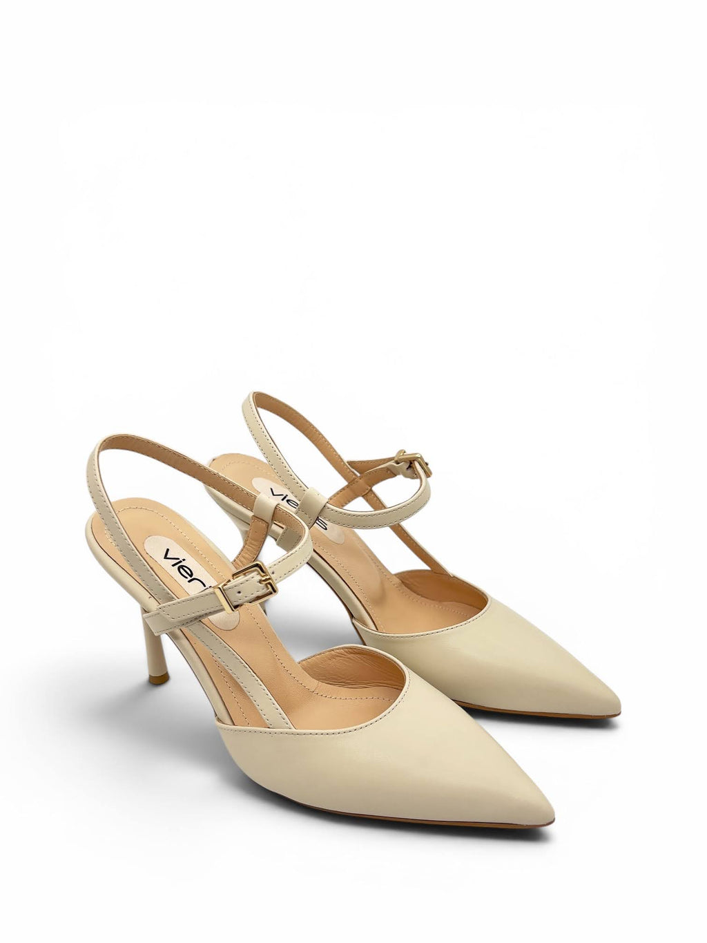 Ekru Hakiki Deri Toka Detaylı Sivri Burun Slingback Kadın Stiletto (34202-1)