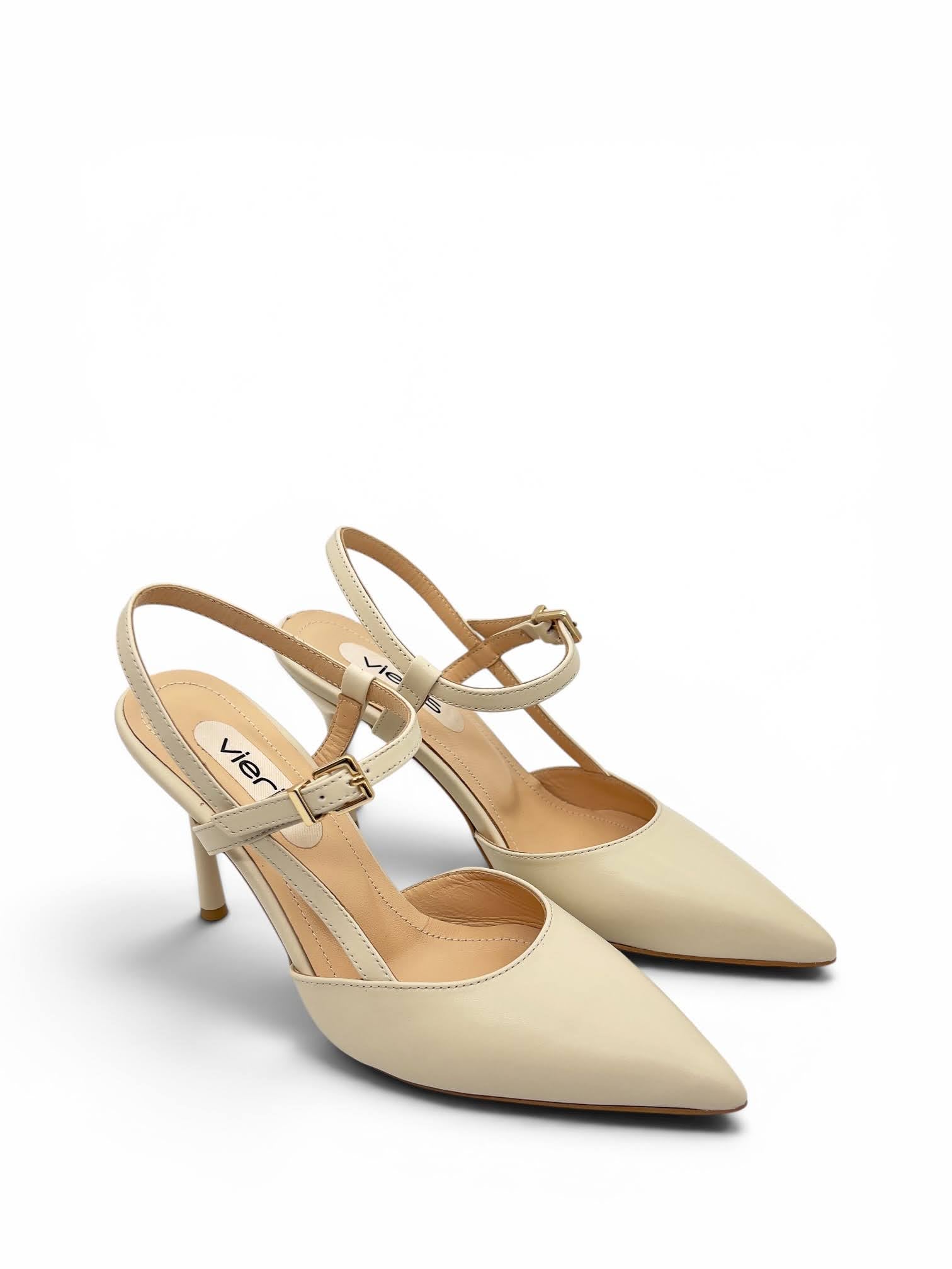 Ekru Hakiki Deri Toka Detaylı Sivri Burun Slingback Kadın Stiletto (34202-1)
