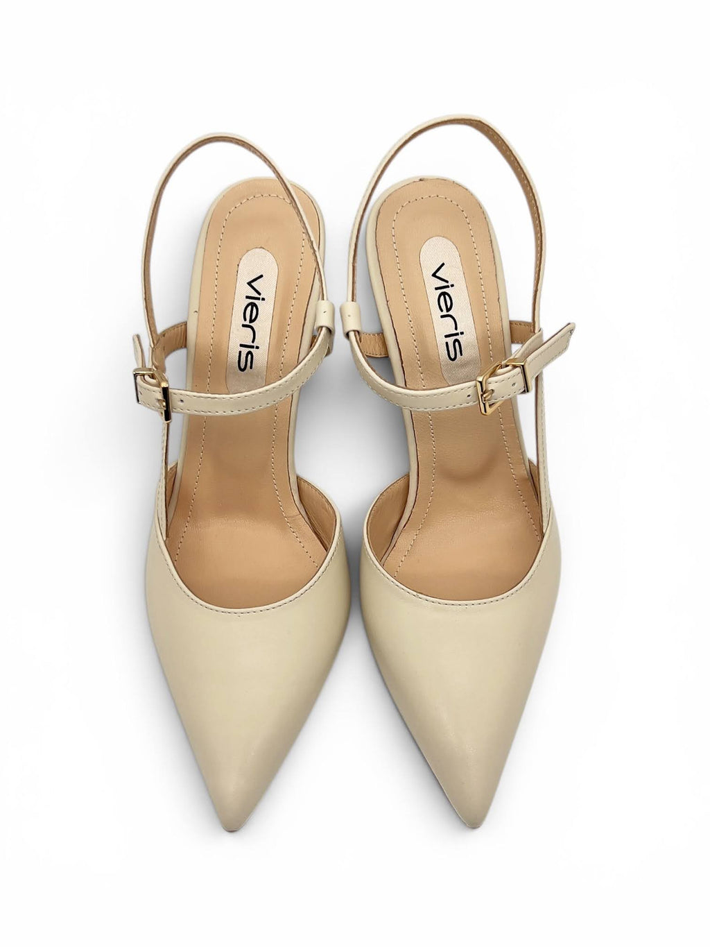Ekru Hakiki Deri Toka Detaylı Sivri Burun Slingback Kadın Stiletto (34202-1)