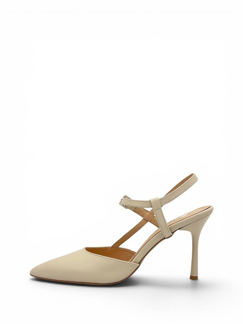 Ekru Hakiki Deri Toka Detaylı Sivri Burun Slingback Kadın Stiletto (34202-1)