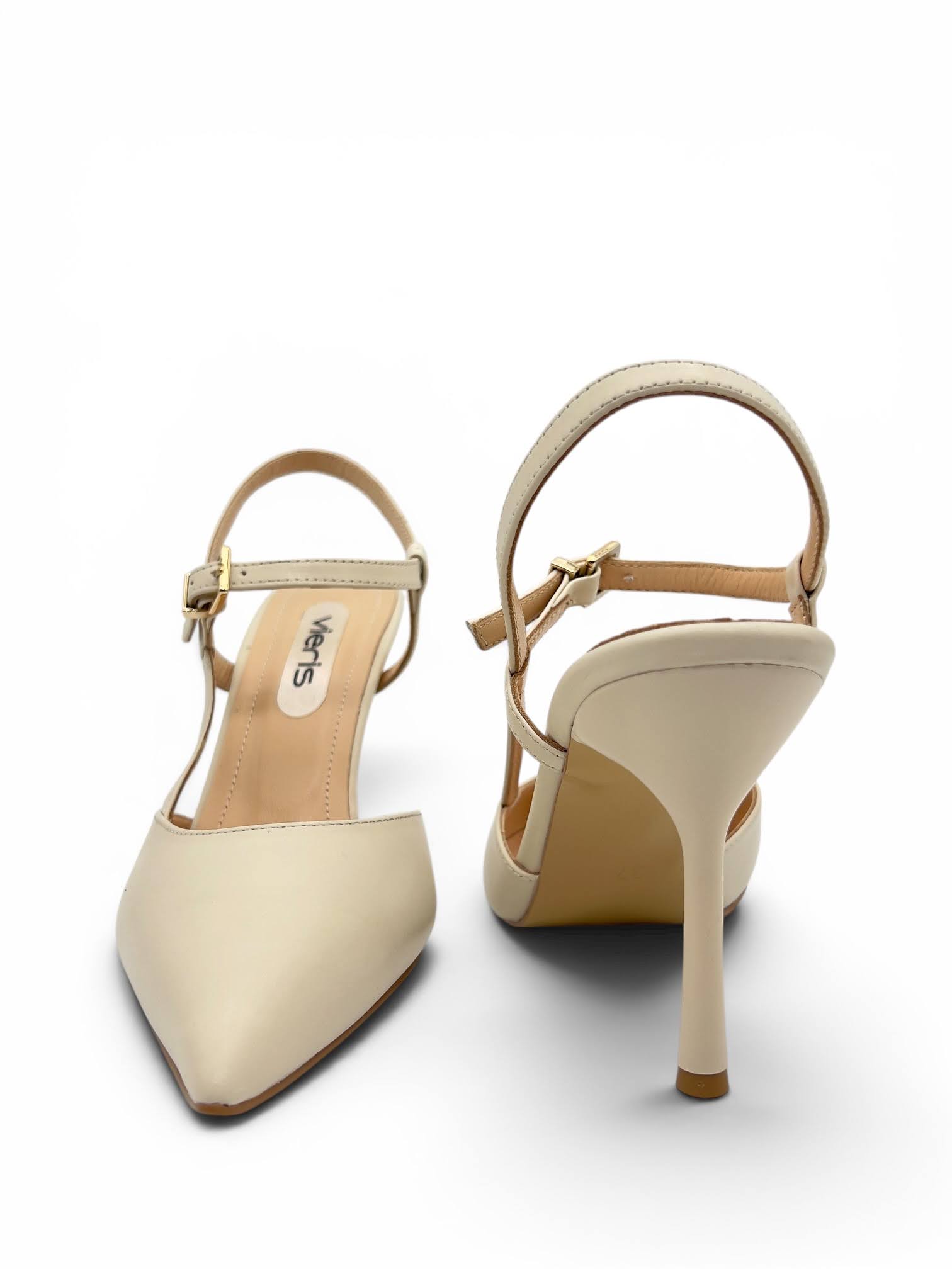 Ekru Hakiki Deri Toka Detaylı Sivri Burun Slingback Kadın Stiletto (34202-1)