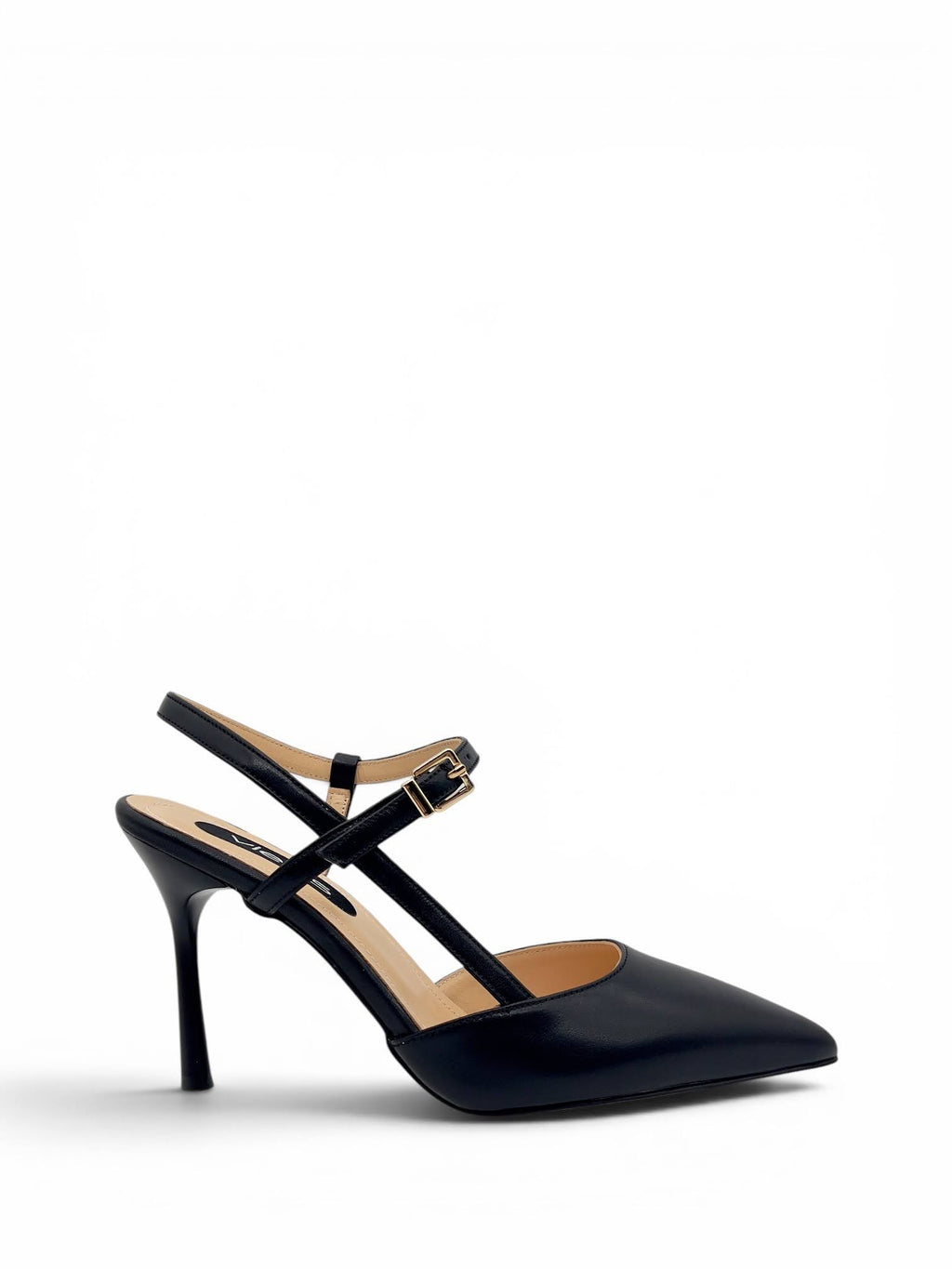 Siyah Hakiki Deri Toka Detaylı Sivri Burun Slingback Kadın Stiletto (34202-1)
