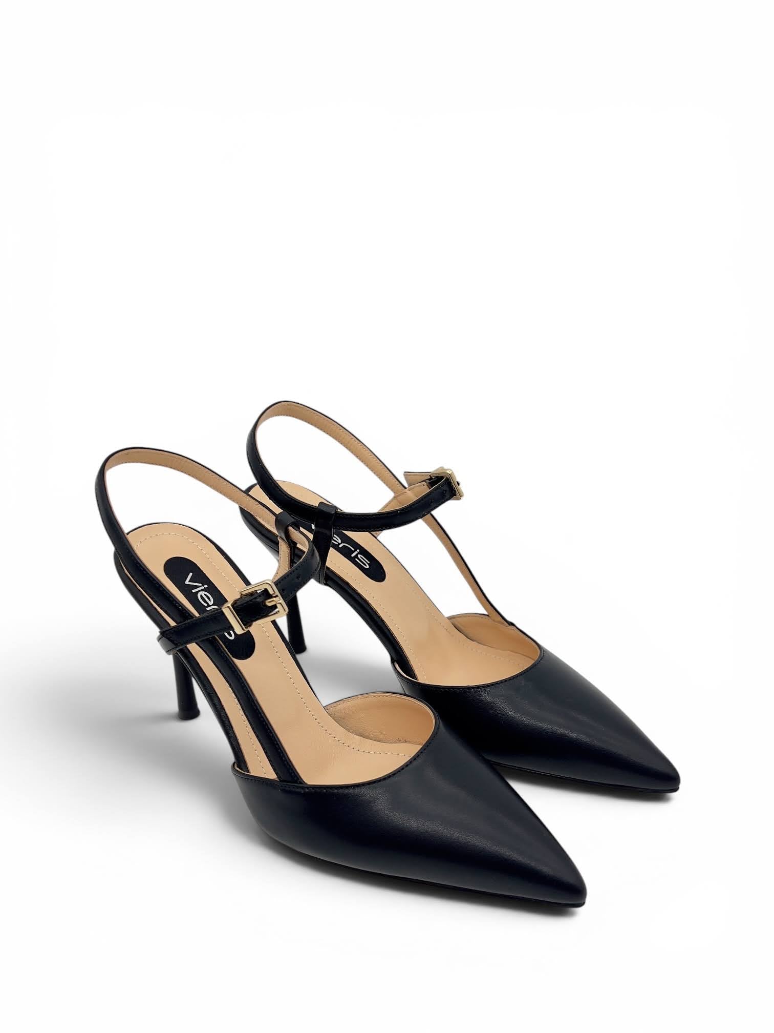 Siyah Hakiki Deri Toka Detaylı Sivri Burun Slingback Kadın Stiletto (34202-1)