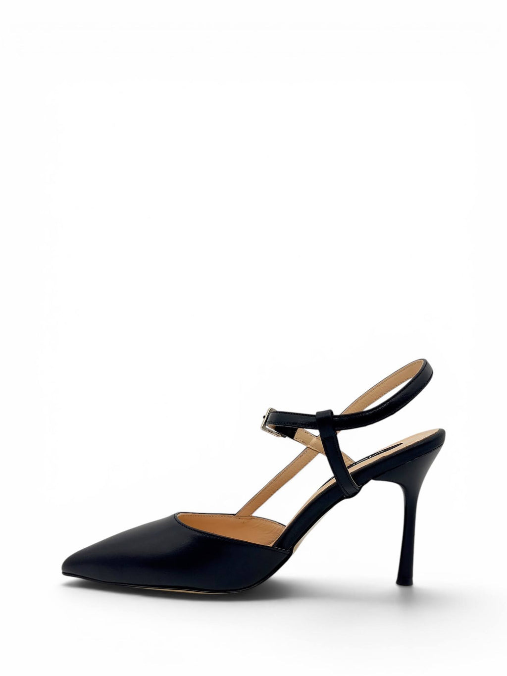 Siyah Hakiki Deri Toka Detaylı Sivri Burun Slingback Kadın Stiletto (34202-1)