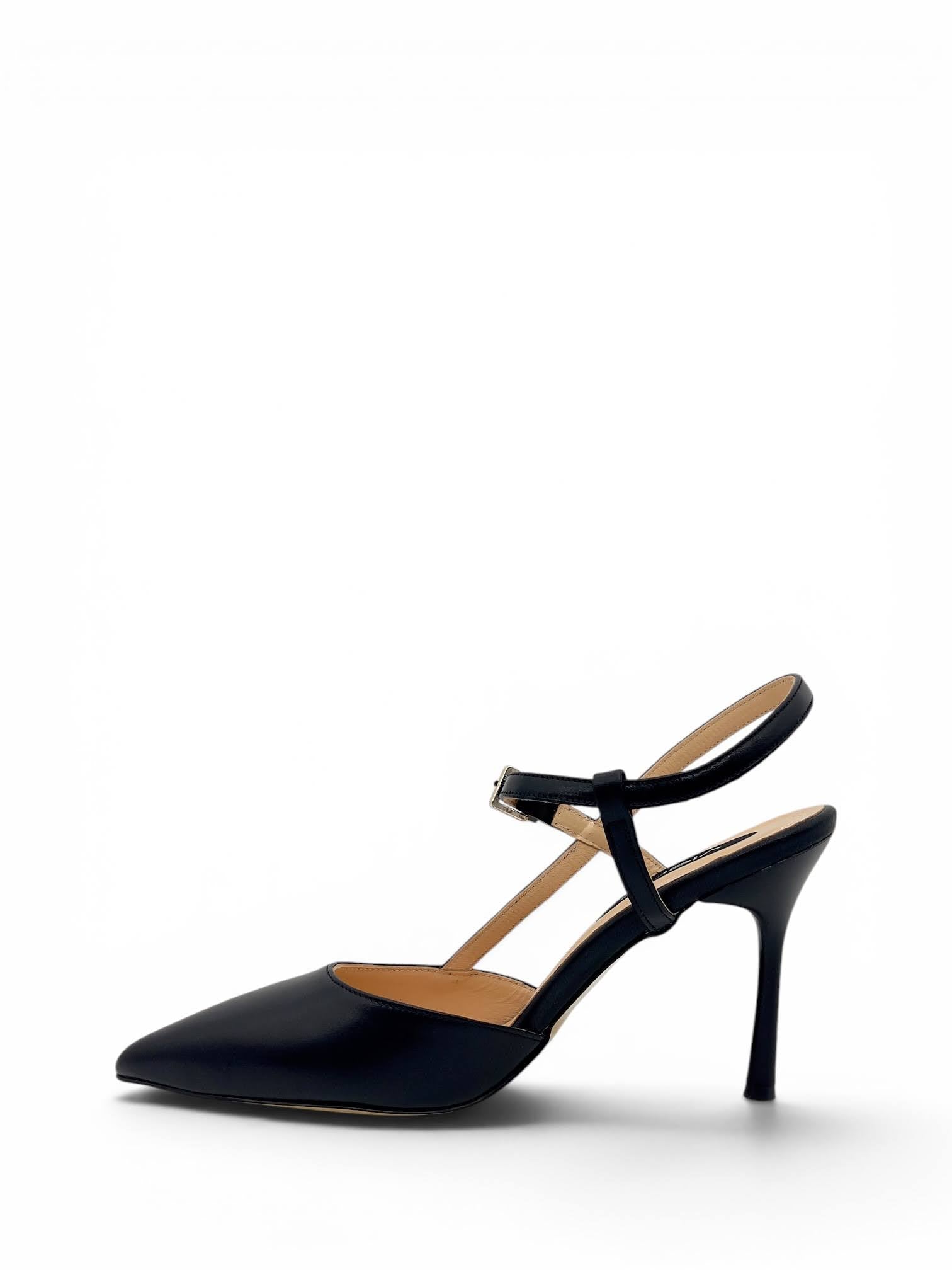 Siyah Hakiki Deri Toka Detaylı Sivri Burun Slingback Kadın Stiletto (34202-1)