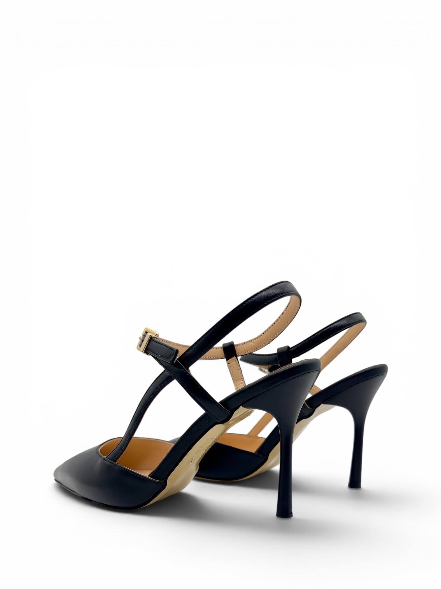Siyah Hakiki Deri Toka Detaylı Sivri Burun Slingback Kadın Stiletto (34202-1)